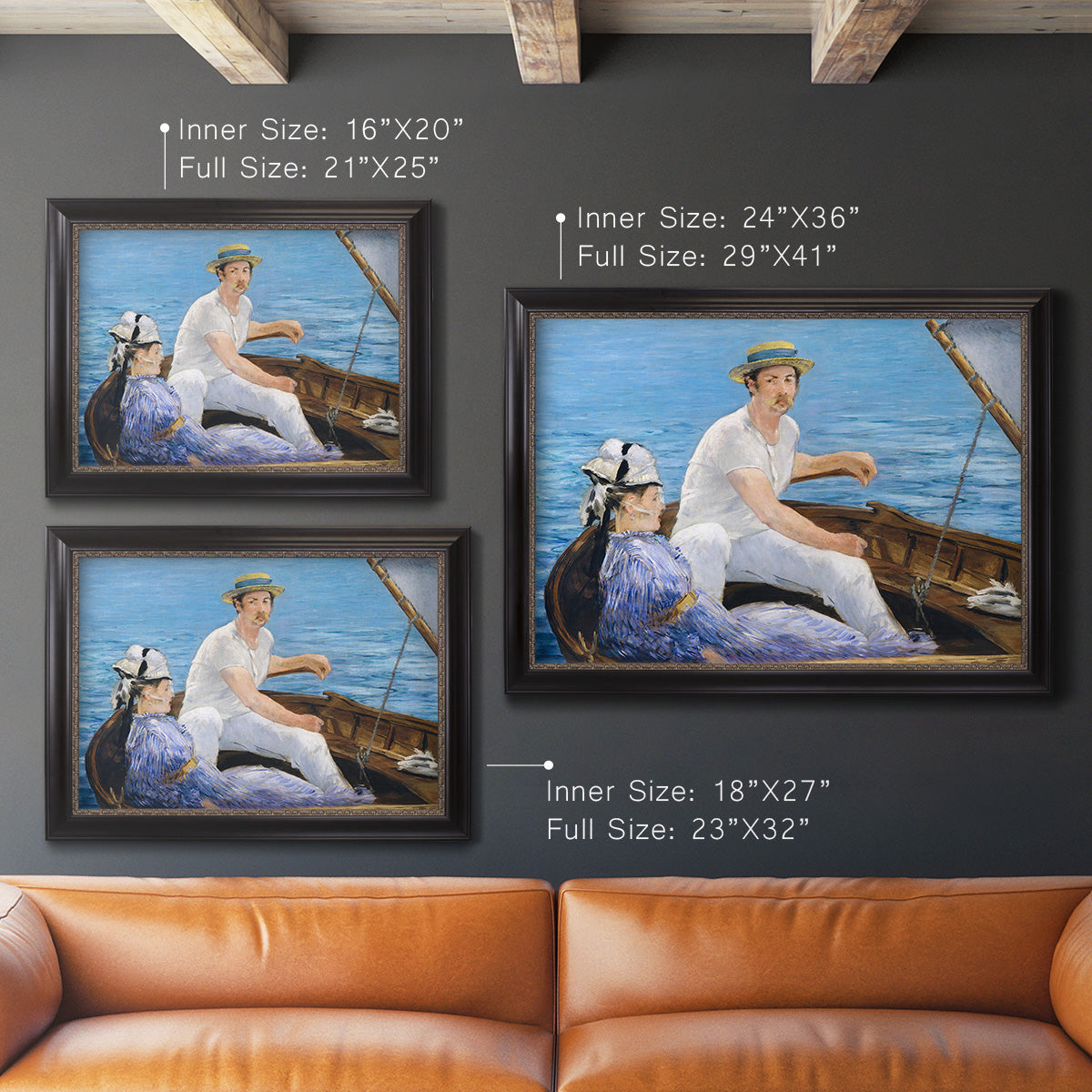 Impressionist leisure boating scene by Édouard Manet in an ornate black frame with gilded inner detail shown in multiple size options.