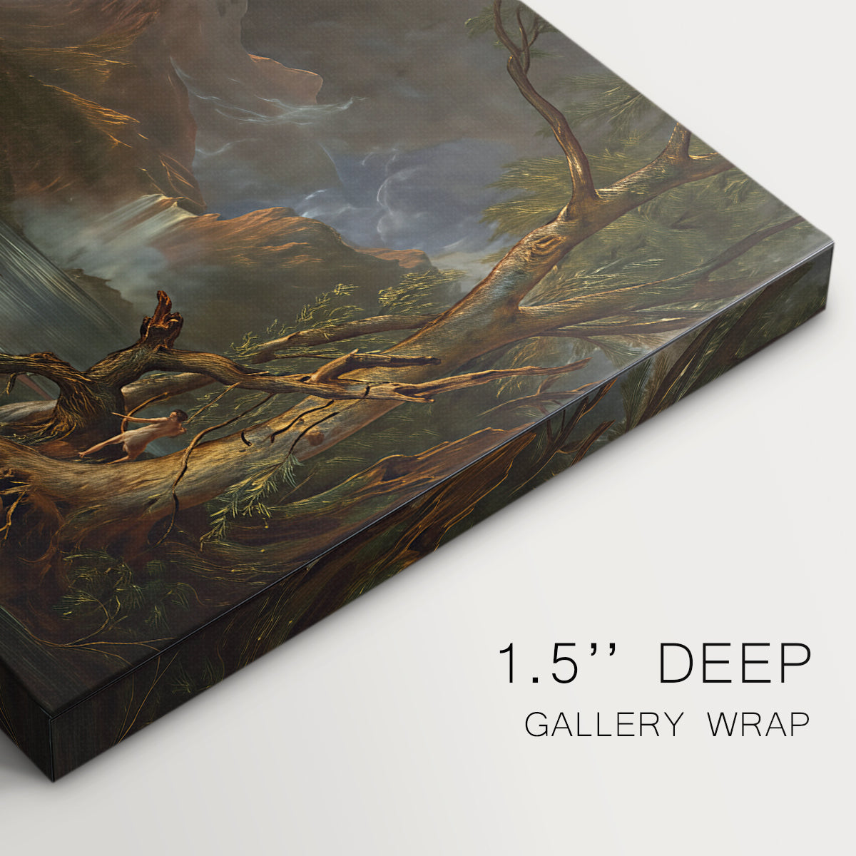 Canvas art print of a rugged natural landscape with dense trees and flowing water under dramatic sky, highlighting texture and gallery-wrapped edges