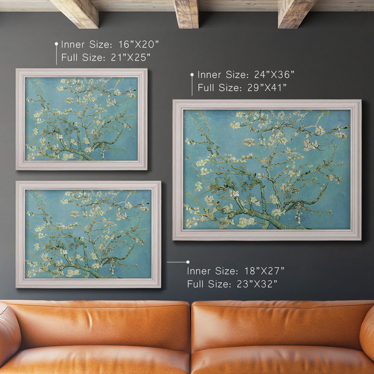 Impressionist flowering almond branch painting by Vincent van Gogh in an ornate weathered white frame shown in multiple size options.