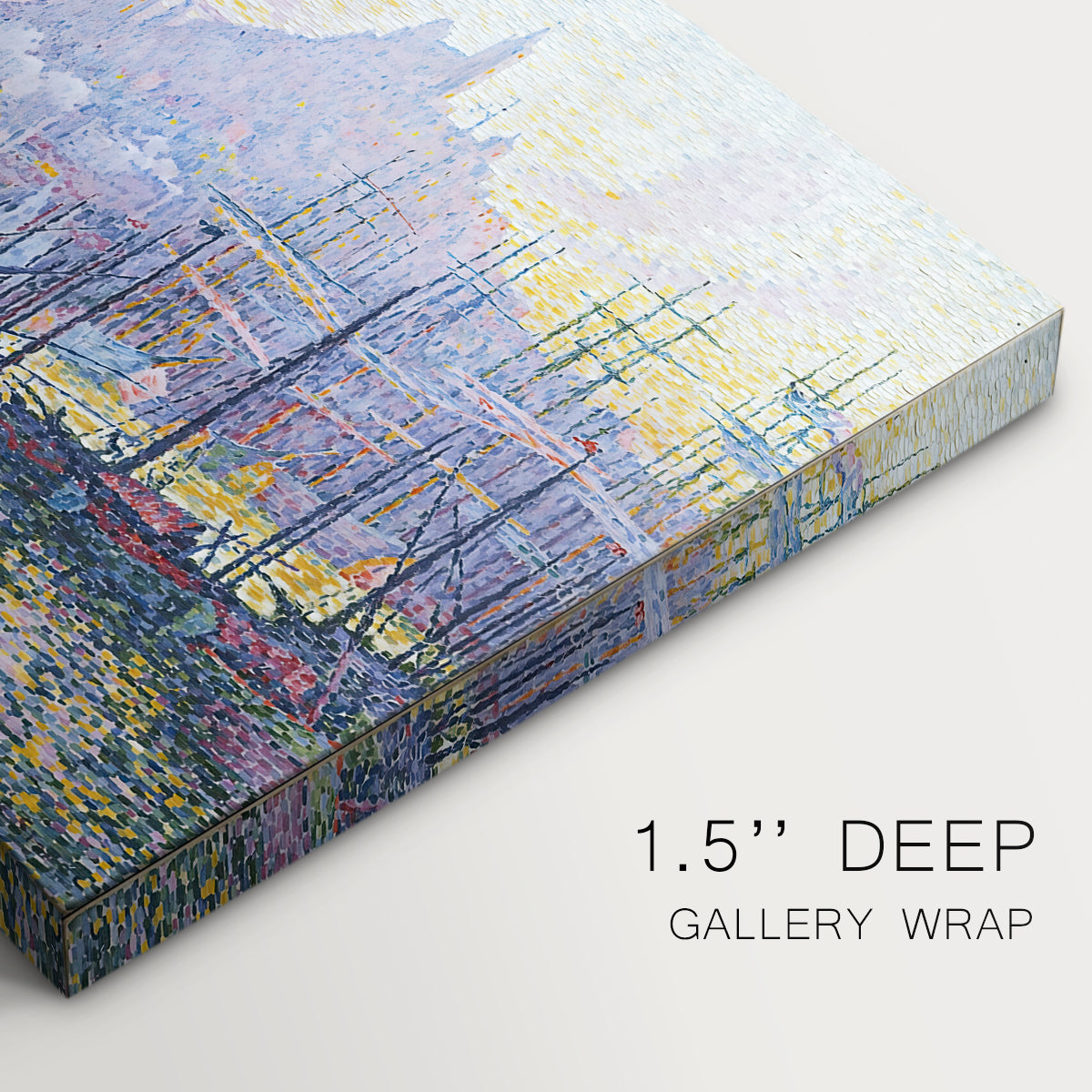 Canvas art print of a busy harbor filled with boats and waterfront, highlighting texture and gallery-wrapped edges