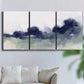 Three-panel canvas wall art featuring misty abstract lake watercolor, displayed in a living room above a sofa.