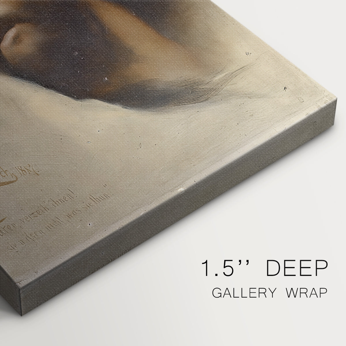 Close-up of a gallery-wrapped canvas corner showing a serene image with soft light and minimal detail, highlighting texture and print detail.