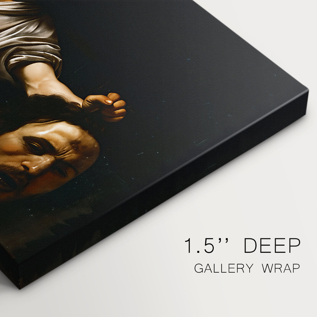 Canvas art print of a young David holding the severed head of Goliath against a dark background, highlighting texture and gallery-wrapped edges