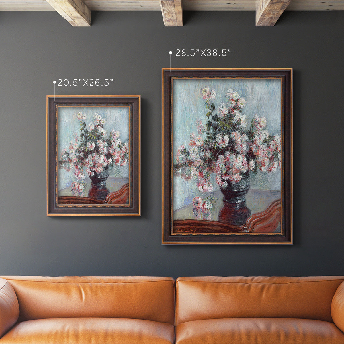 Impressionist chrysanthemum floral painting by Claude Monet in an ornate bronzed mahogany wood frame shown in multiple vertical size options.