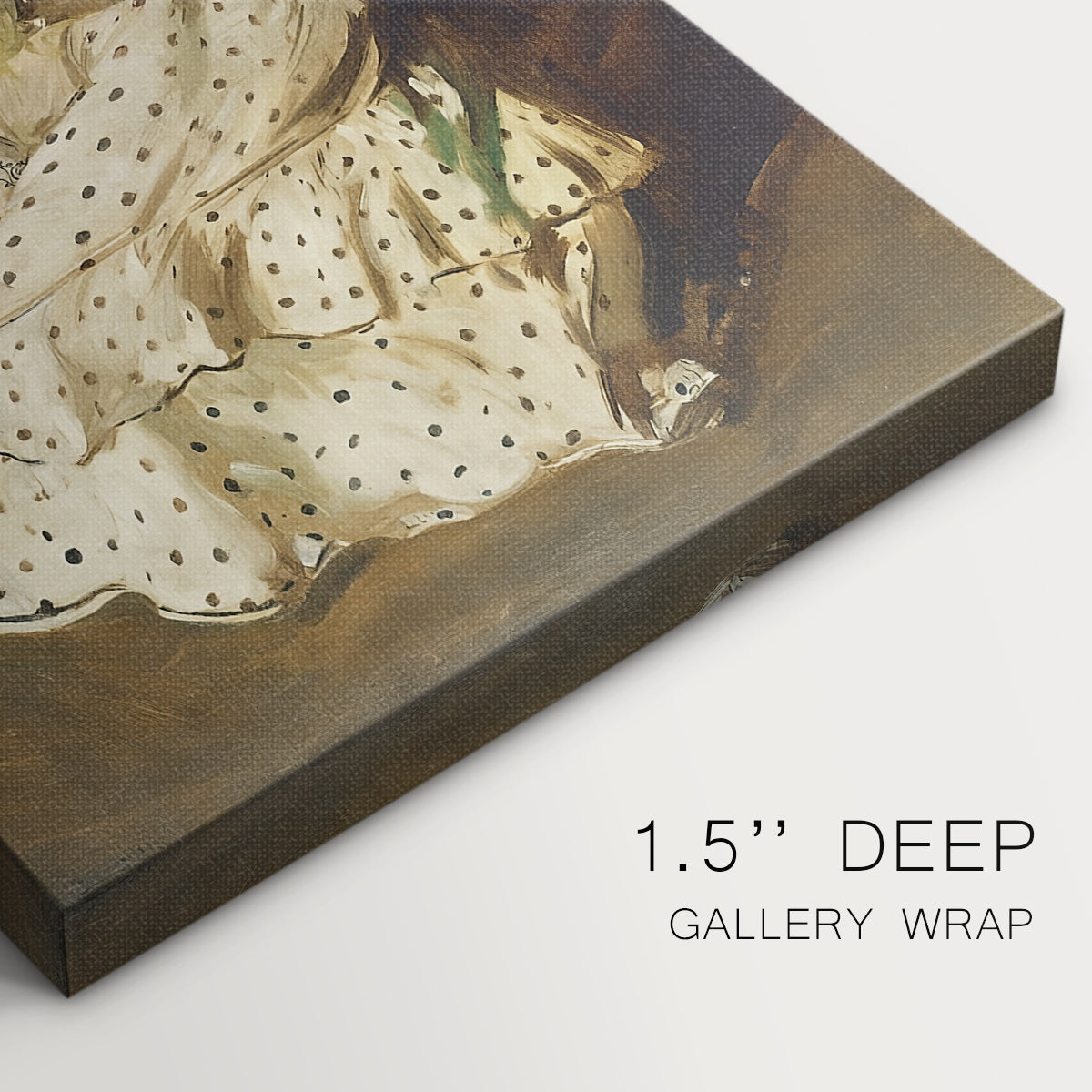 Close-up of a gallery-wrapped canvas corner showing a gentle portrait with emotional warmth, highlighting texture and print detail.