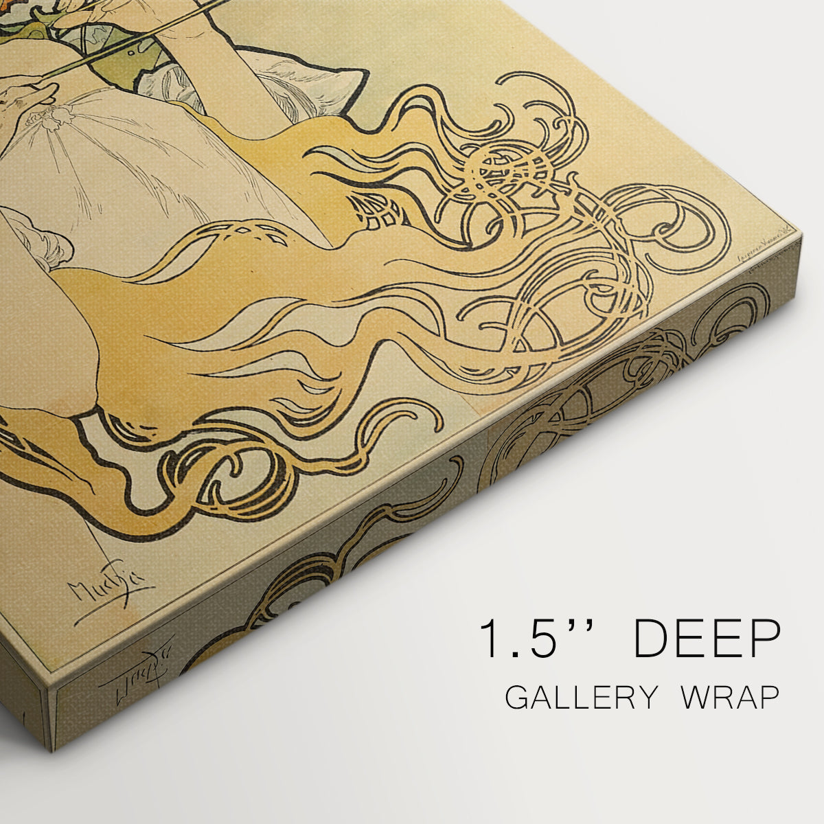 Close-up of a gallery-wrapped canvas corner showing a classic poster combining portrait and editorial branding, highlighting texture and print detail.