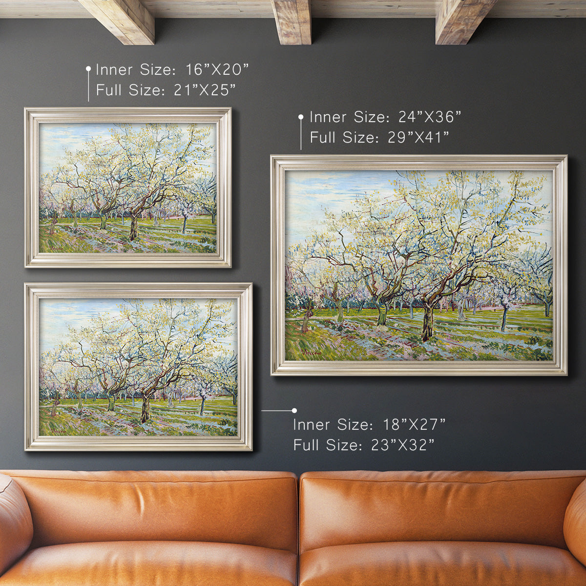 Impressionist white-blossomed orchard landscape by Vincent van Gogh in an ornate champagne frame shown in multiple size options.