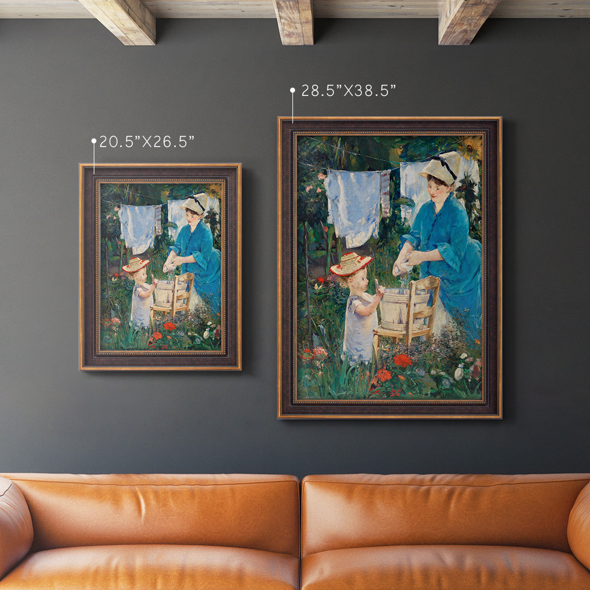 Intimate domestic genre scene by Édouard Manet in an ornate bronzed mahogany wood frame shown in multiple vertical size options.