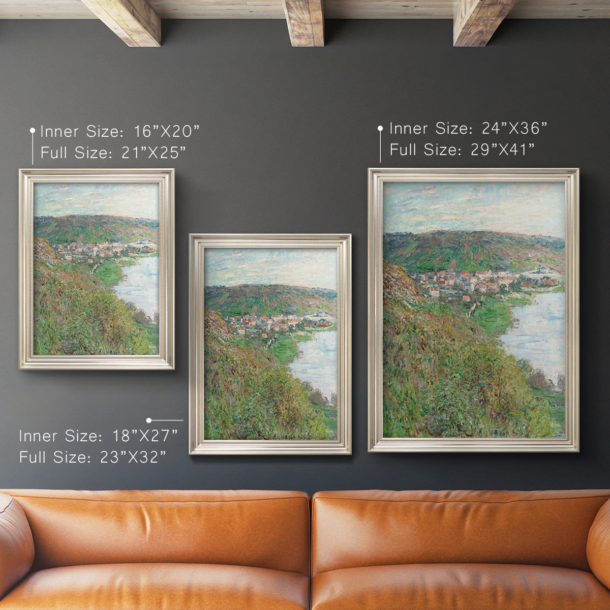 Impressionist landscape view of Vétheuil by Claude Monet in an ornate champagne frame shown in multiple vertical size options.