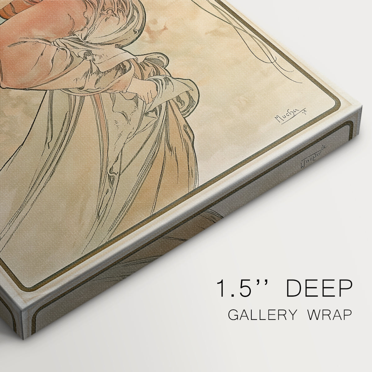 Close-up of a gallery-wrapped canvas corner showing a vintage illustration symbolizing painting with elegant curves, highlighting texture and print detail.