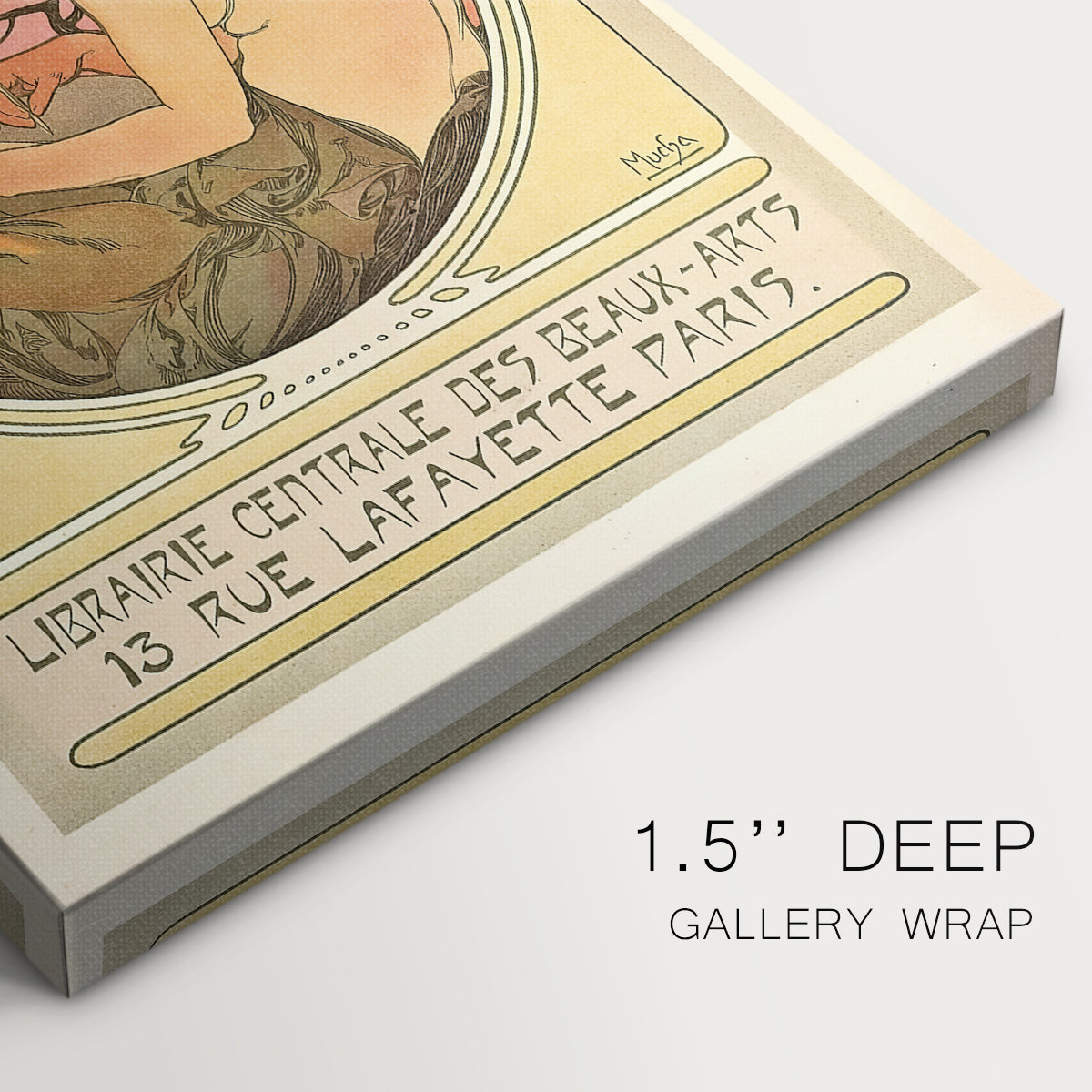 Close-up of a gallery-wrapped canvas corner showing a classic print combining portrait and editorial branding, highlighting texture and print detail.