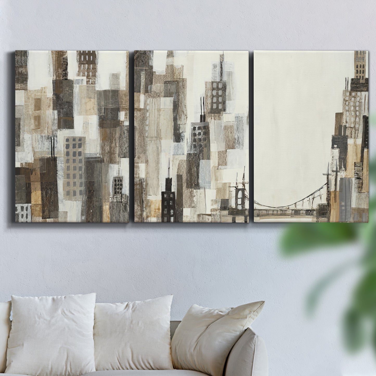 Three-panel canvas wall art featuring abstract harbor inspired composition, displayed in a living room above a sofa.