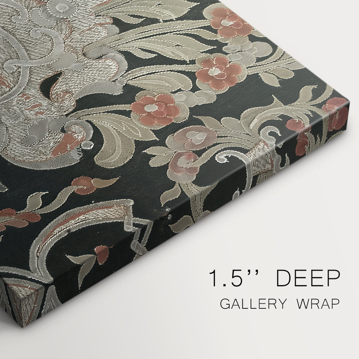 Canvas art print of a dense repeating pattern with animals, plants, and decorative elements across fabric, highlighting texture and gallery-wrapped edges