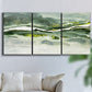 Three-panel canvas wall art featuring abstract passage of time composition, displayed in a living room above a sofa.