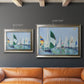 Coastal harbor watercolor painting in an ornate mottled silver frame shown in multiple size options.