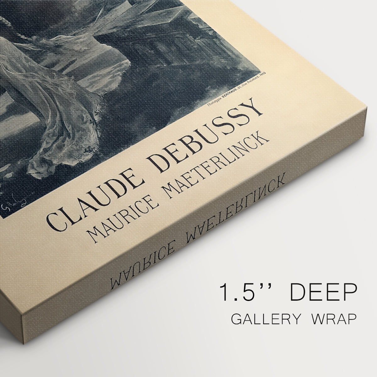 Close-up of a gallery-wrapped canvas corner showing a refined theatrical scene with typography elements, highlighting texture and print detail.