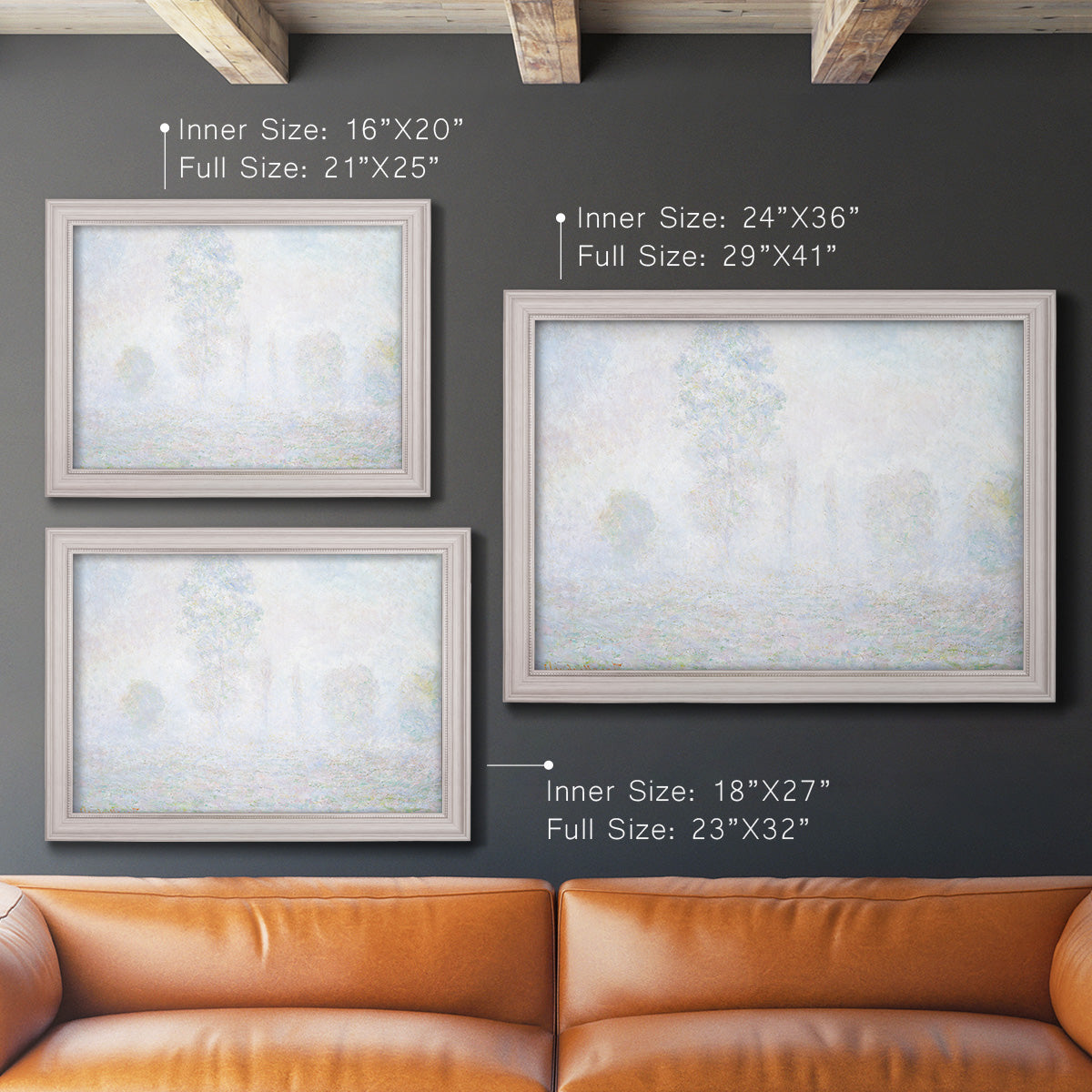 Impressionist atmospheric landscape in morning haze by Claude Monet in an ornate weathered white frame shown in multiple size options.