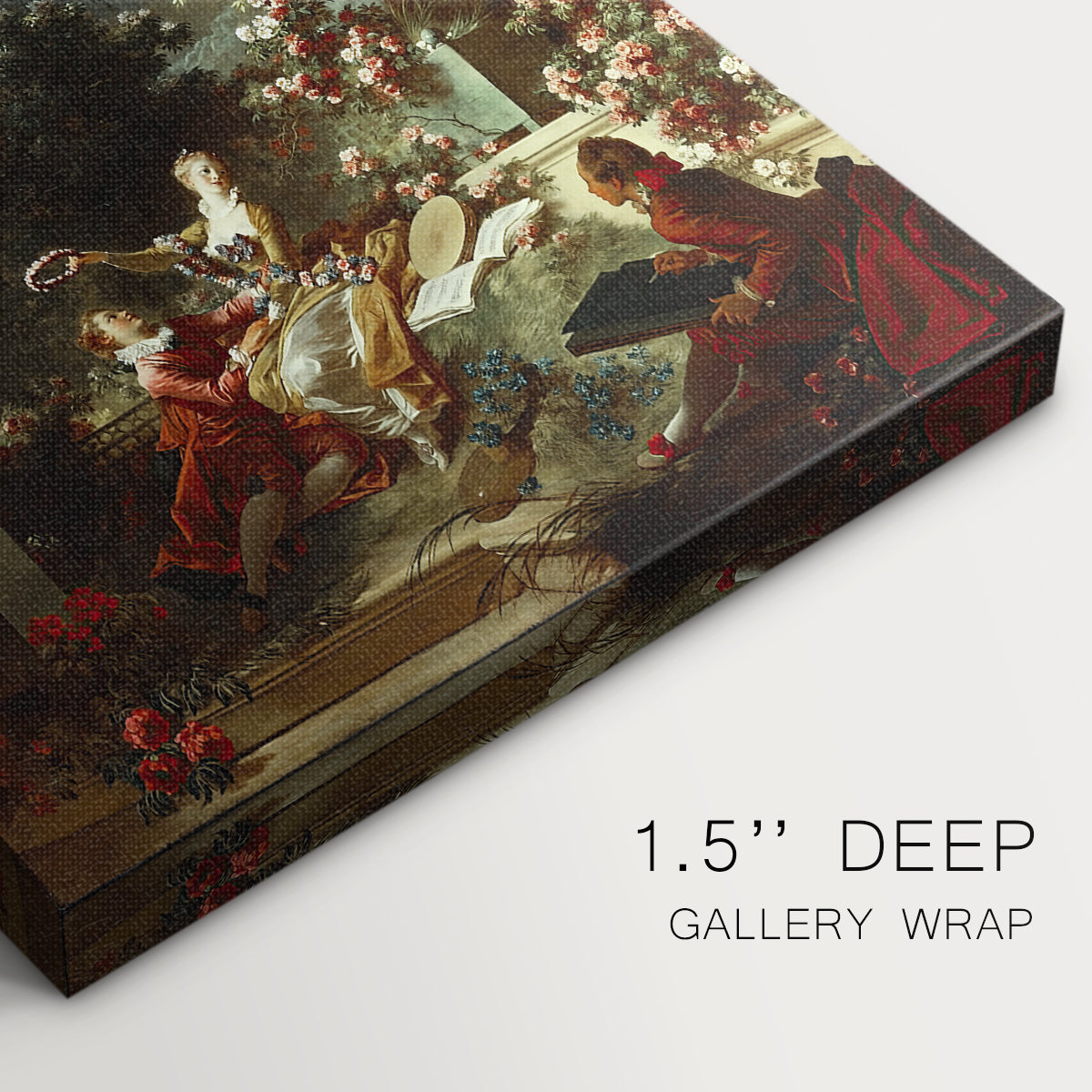 Close-up of a gallery-wrapped canvas corner showing a refined outdoor scene with symbolic gesture, highlighting texture and print detail.