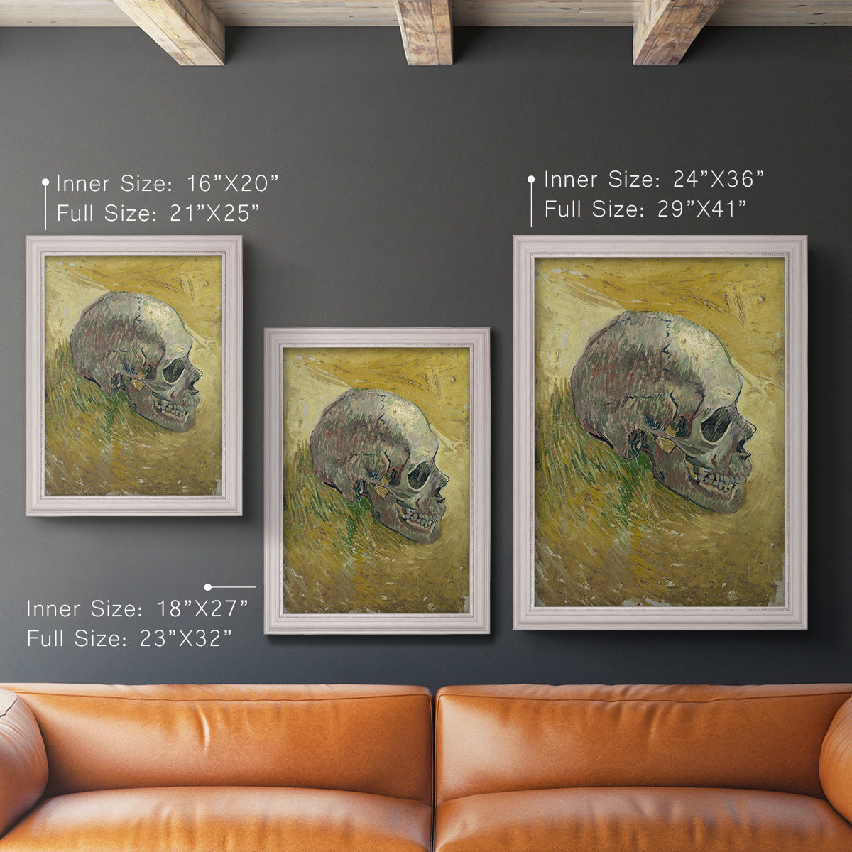 Profile skull study artwork by Vincent van Gogh in an ornate weathered white frame shown in multiple vertical size options.