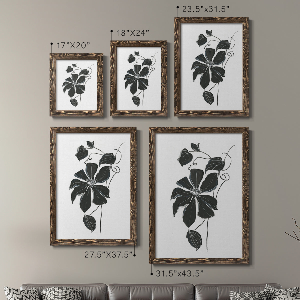Size comparison chart for a set of two walnut barnwood framed canvas prints.