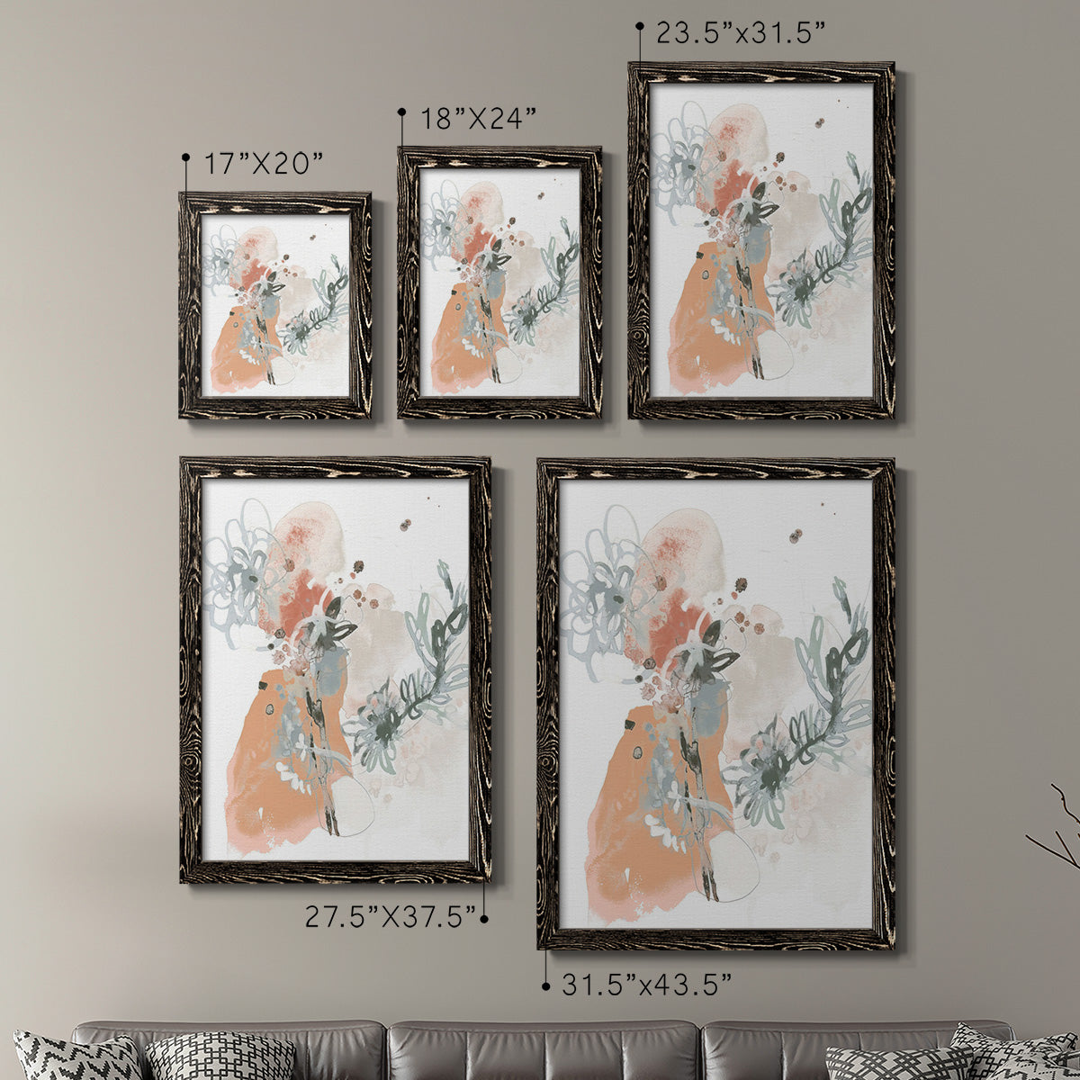 Size comparison chart for a set of two black barnwood framed canvas prints.