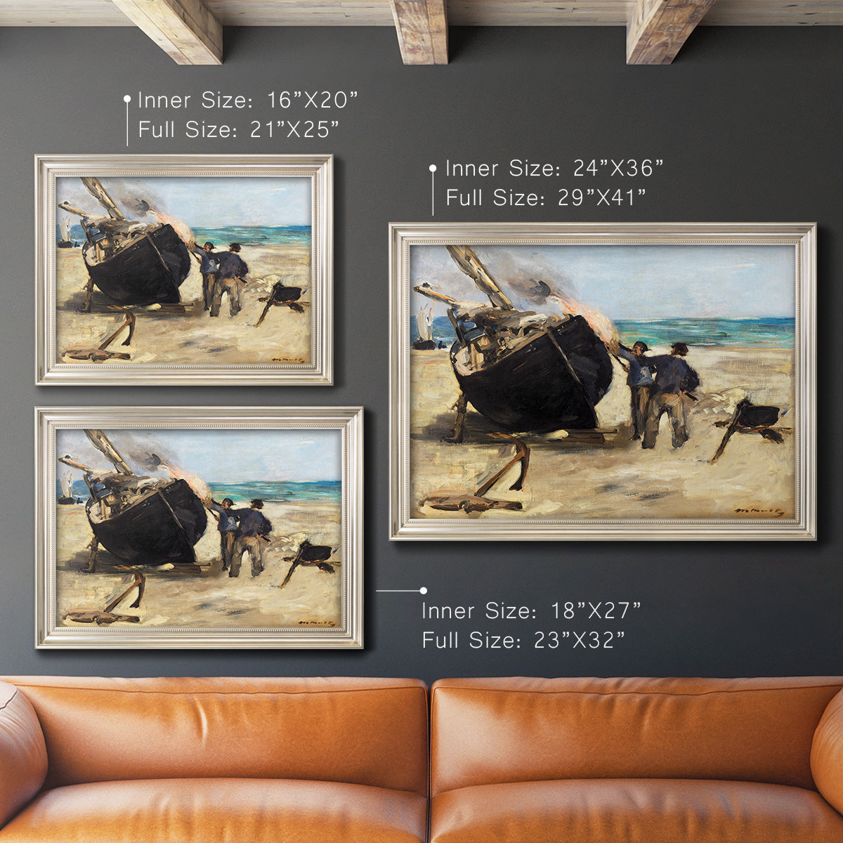 Impressionist nautical work scene by Édouard Manet in an ornate champagne frame shown in multiple size options.