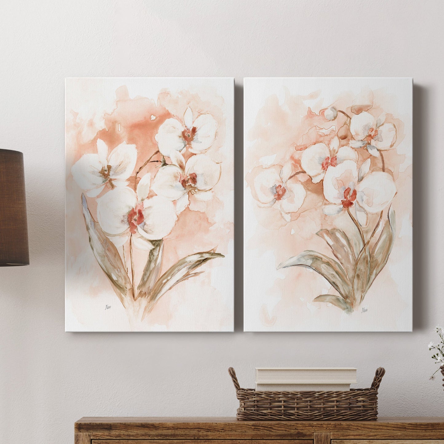 White and Coral Orchid I Premium Gallery Wrapped Canvas - Ready to Hang - Set of 2 - 8 x 12 Each