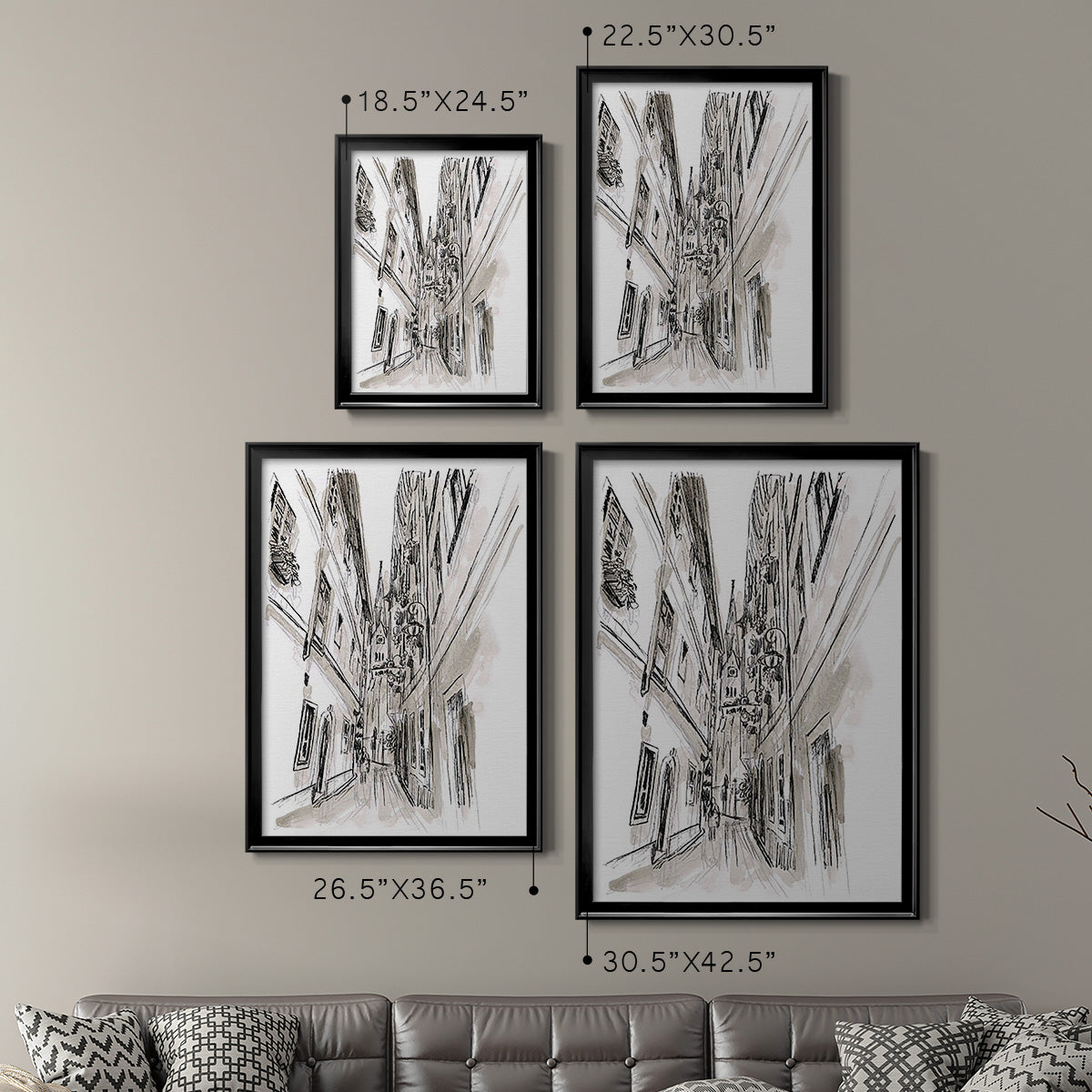 Europe Street Sketches III - Modern Framed Canvas Print