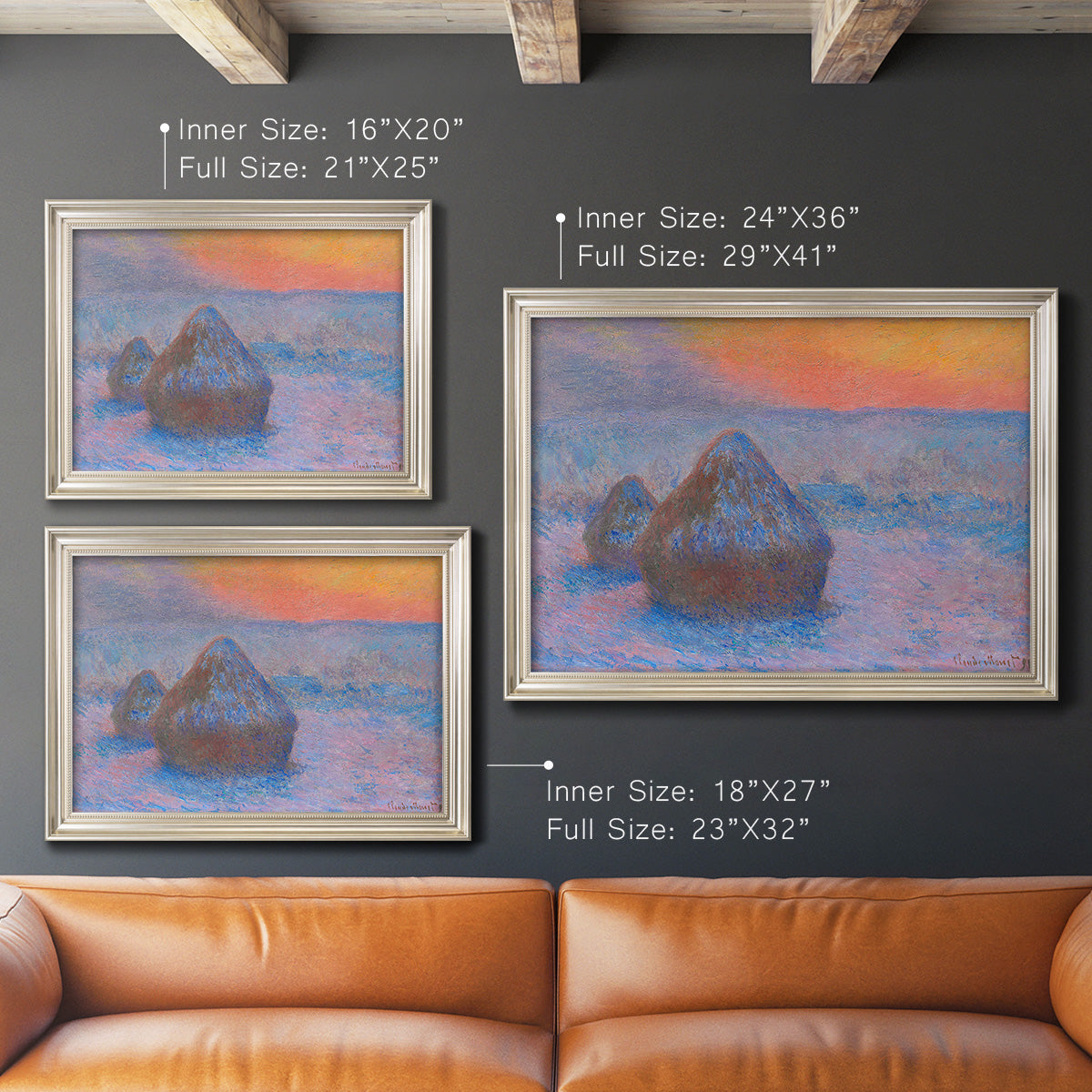 Impressionist haystack scene at sunset by Claude Monet in an ornate champagne frame shown in multiple size options.