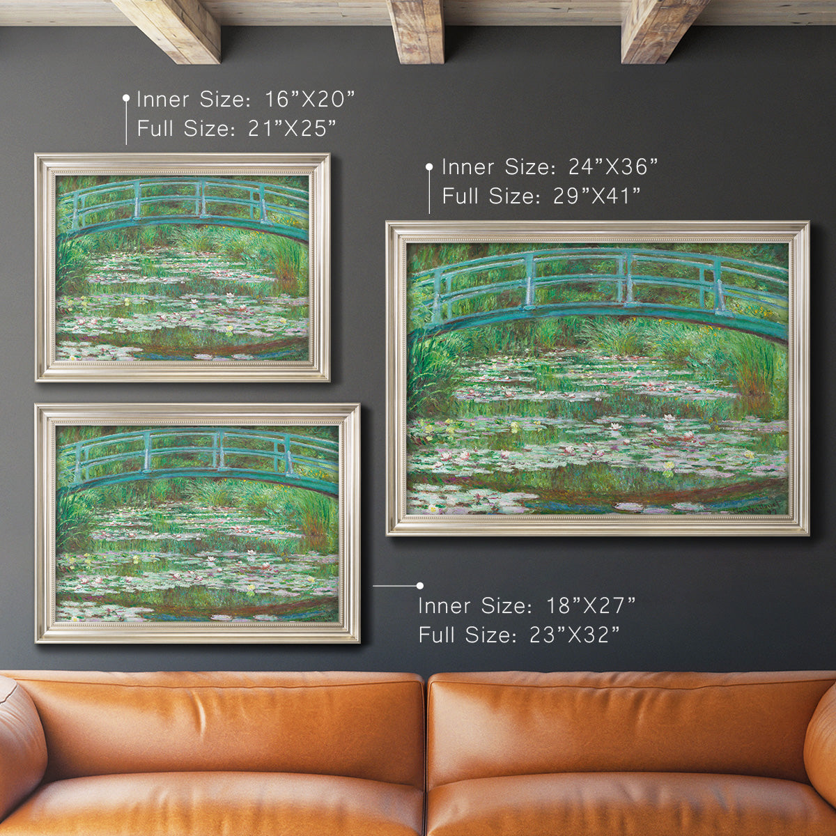 Impressionist garden scene with Japanese bridge and water lilies by Claude Monet in an ornate champagne frame shown in multiple size options.