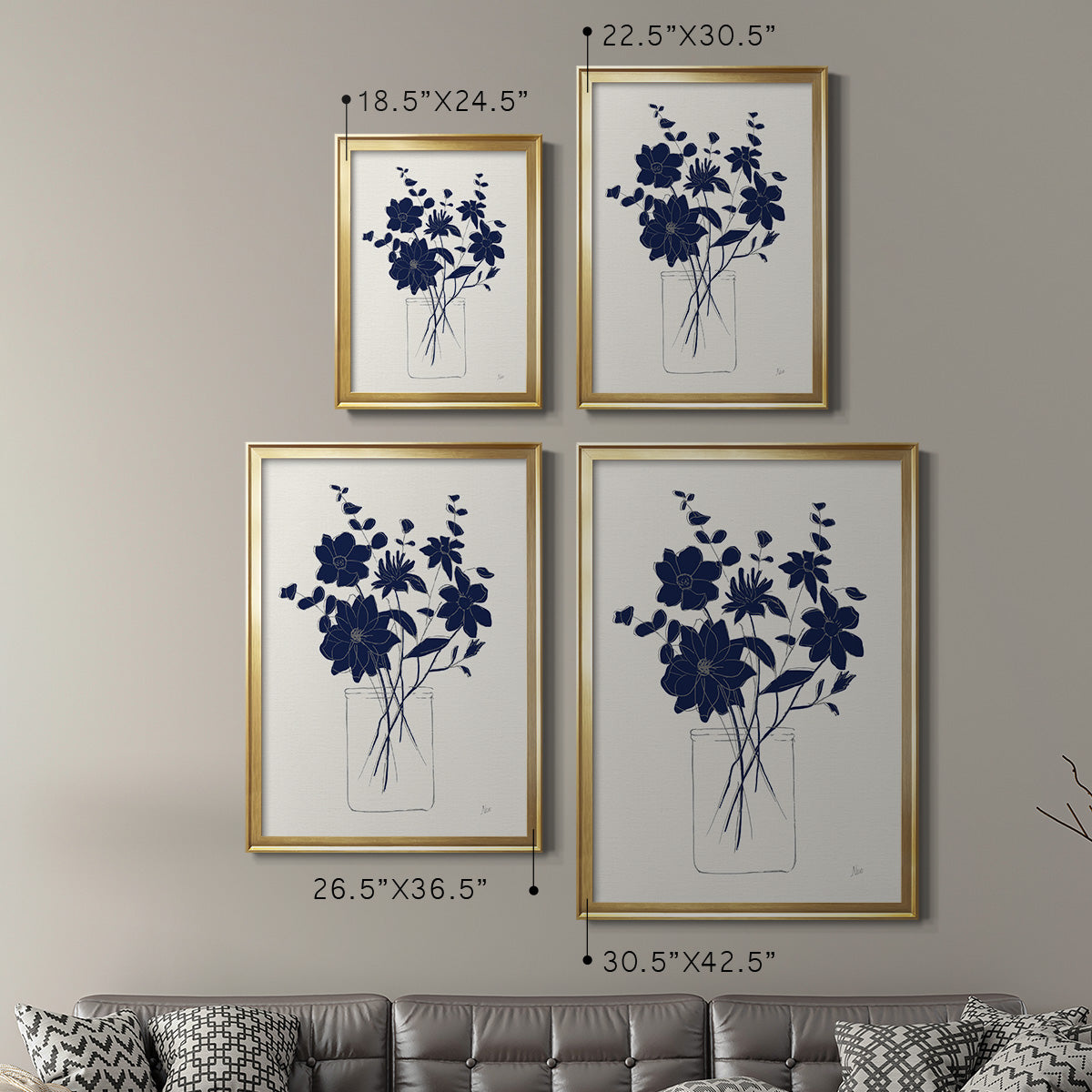 Indigo Sketch Bouquet II - Modern Framed Canvas Print