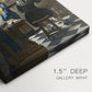 Close-up of a gallery-wrapped canvas corner showing a refined interior with layered detail and light, highlighting texture and print detail.