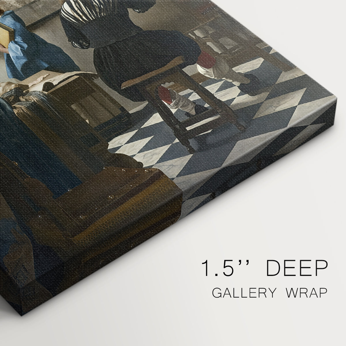 Close-up of a gallery-wrapped canvas corner showing a refined interior with layered detail and light, highlighting texture and print detail.