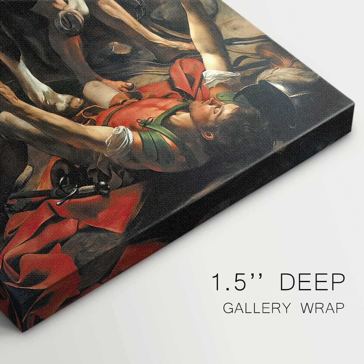 Close-up of a gallery-wrapped canvas corner showing a powerful biblical moment with focused light and shadow, highlighting texture and print detail.