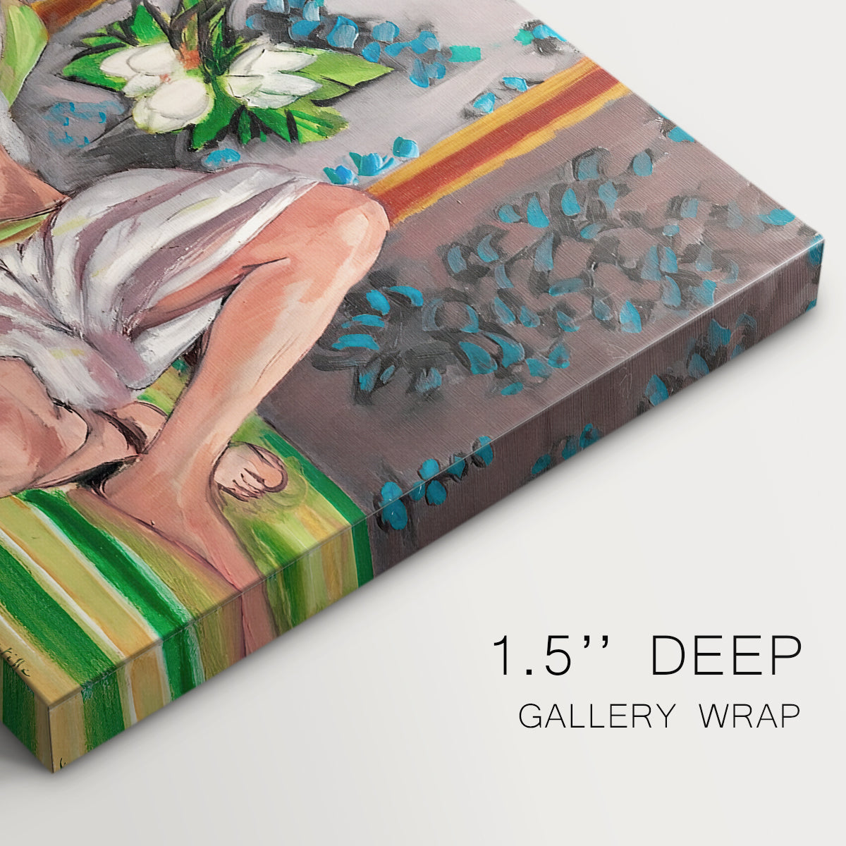 Canvas art print of a reclining odalisque surrounded by floral and magnolia patterns, highlighting texture and gallery-wrapped edges