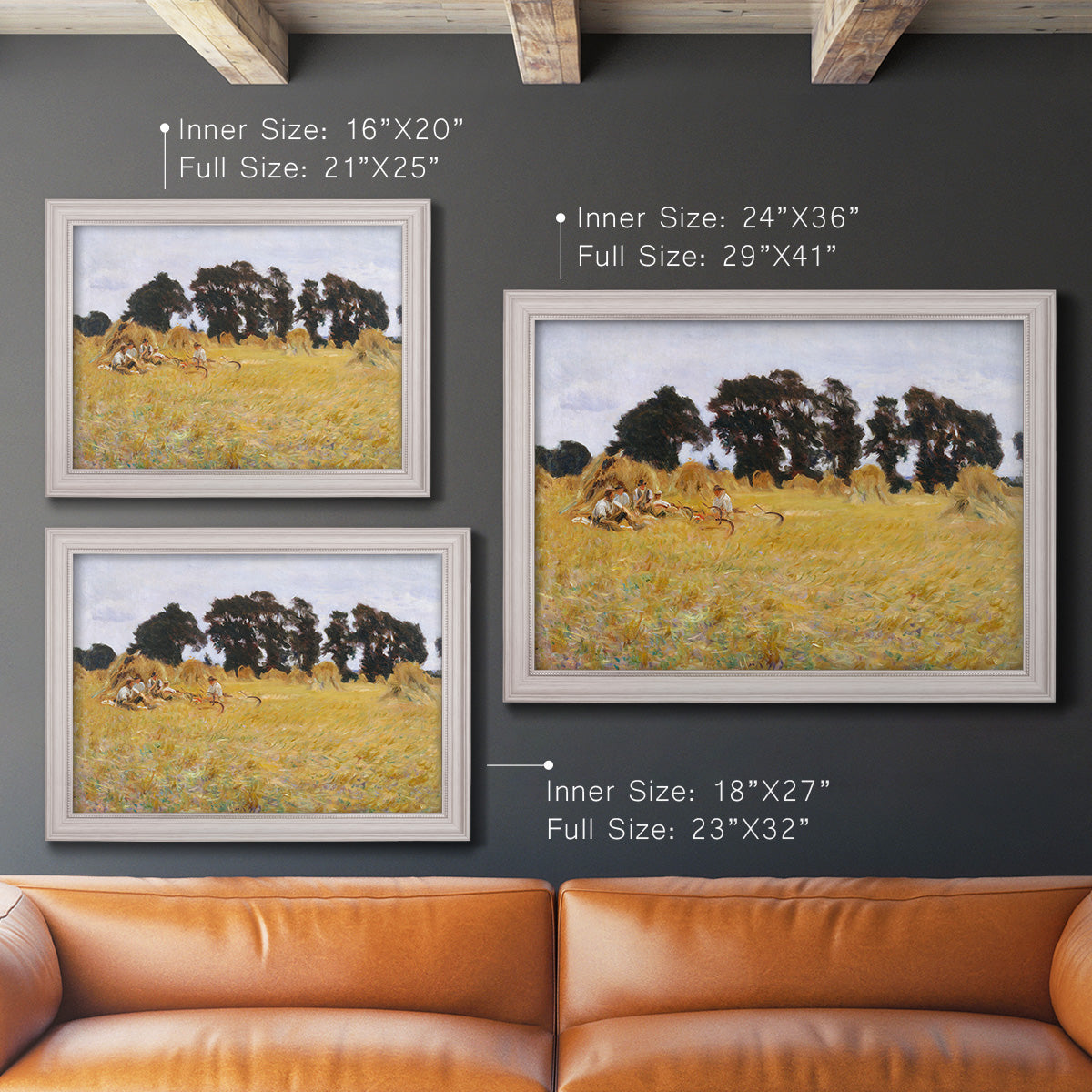 Impressionist rural harvest scene by John Singer Sargent in an ornate weathered white frame shown in multiple size options.