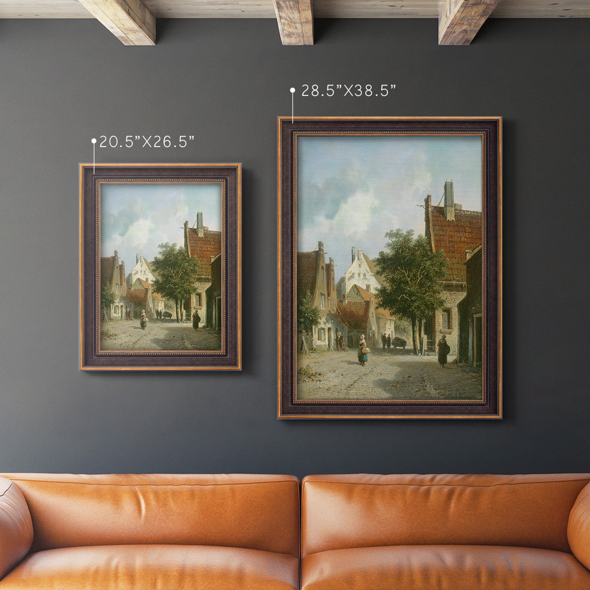 Rustic European street scene painting by Adriaan Eversen in an ornate bronzed mahogany wood frame shown in multiple vertical size options.