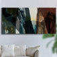 Three-panel canvas wall art featuring layered neutral abstract textures, displayed in a living room above a sofa.