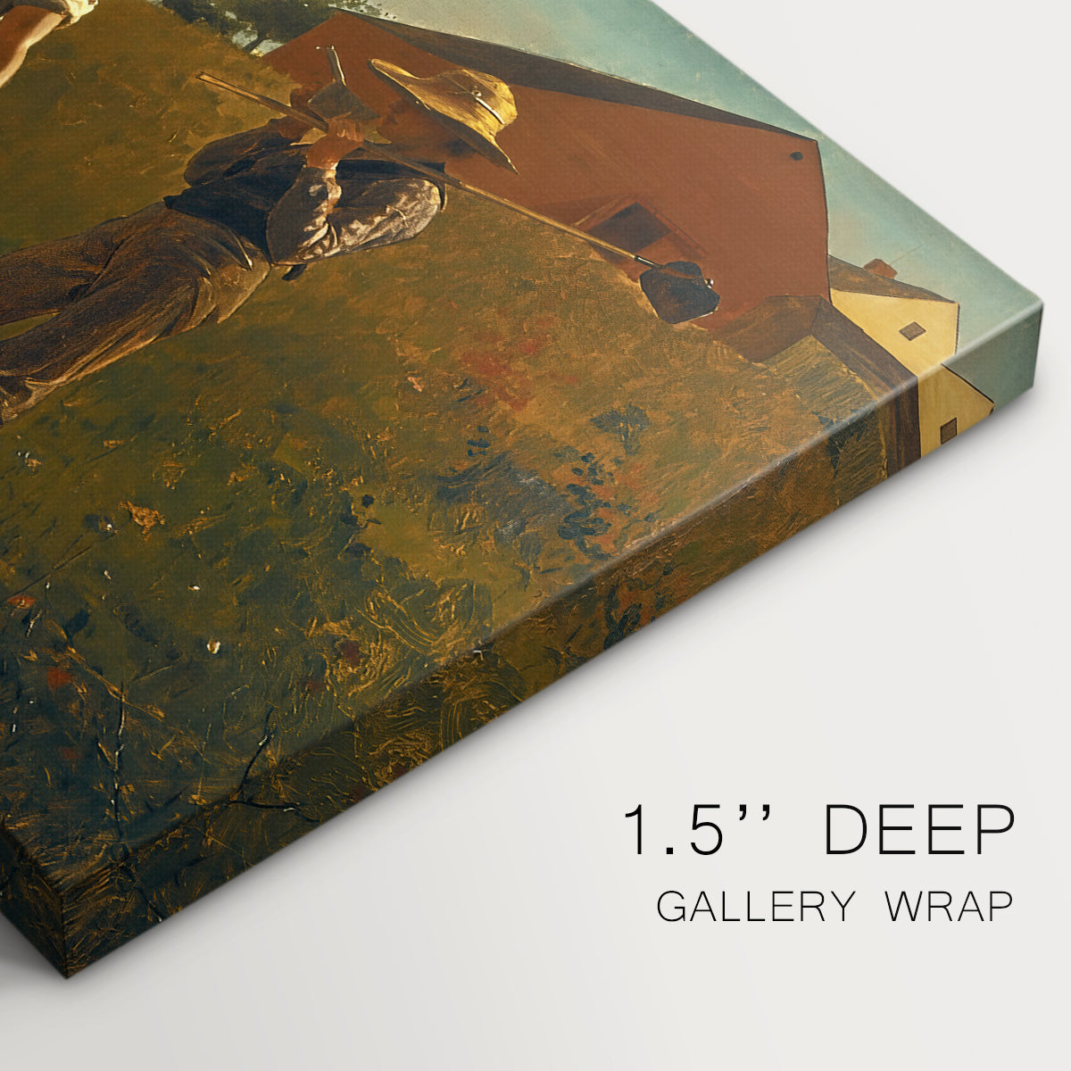 Canvas art print of two figures standing in open field near small building under wide sky, highlighting texture and gallery-wrapped edges