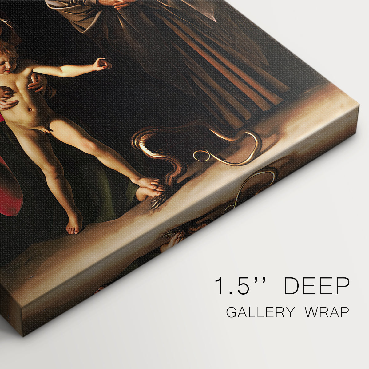 Close-up of a gallery-wrapped canvas corner showing a classical painting with soft illumination and balanced composition, highlighting texture and print detail.
