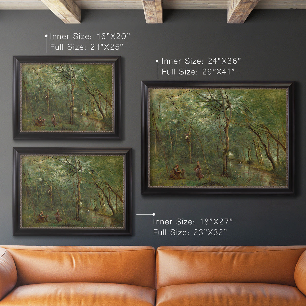 Traditional rural landscape scene with figures by Jean-Baptiste-Camille Corot in an ornate black frame with gilded inner detail shown in multiple size options.