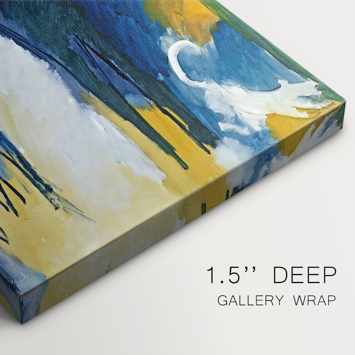 Close-up of a gallery-wrapped canvas corner showing an expressive abstract scene with strong color interplay, highlighting texture and print detail.