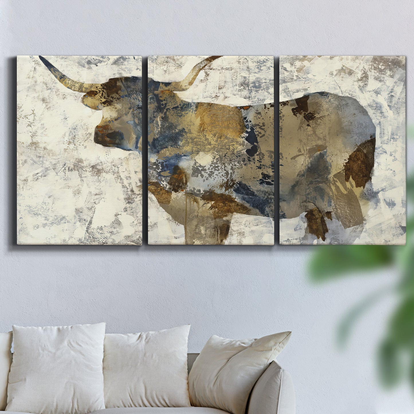 Three-panel canvas wall art featuring farm animal portrait in rustic setting, displayed in a living room above a sofa.