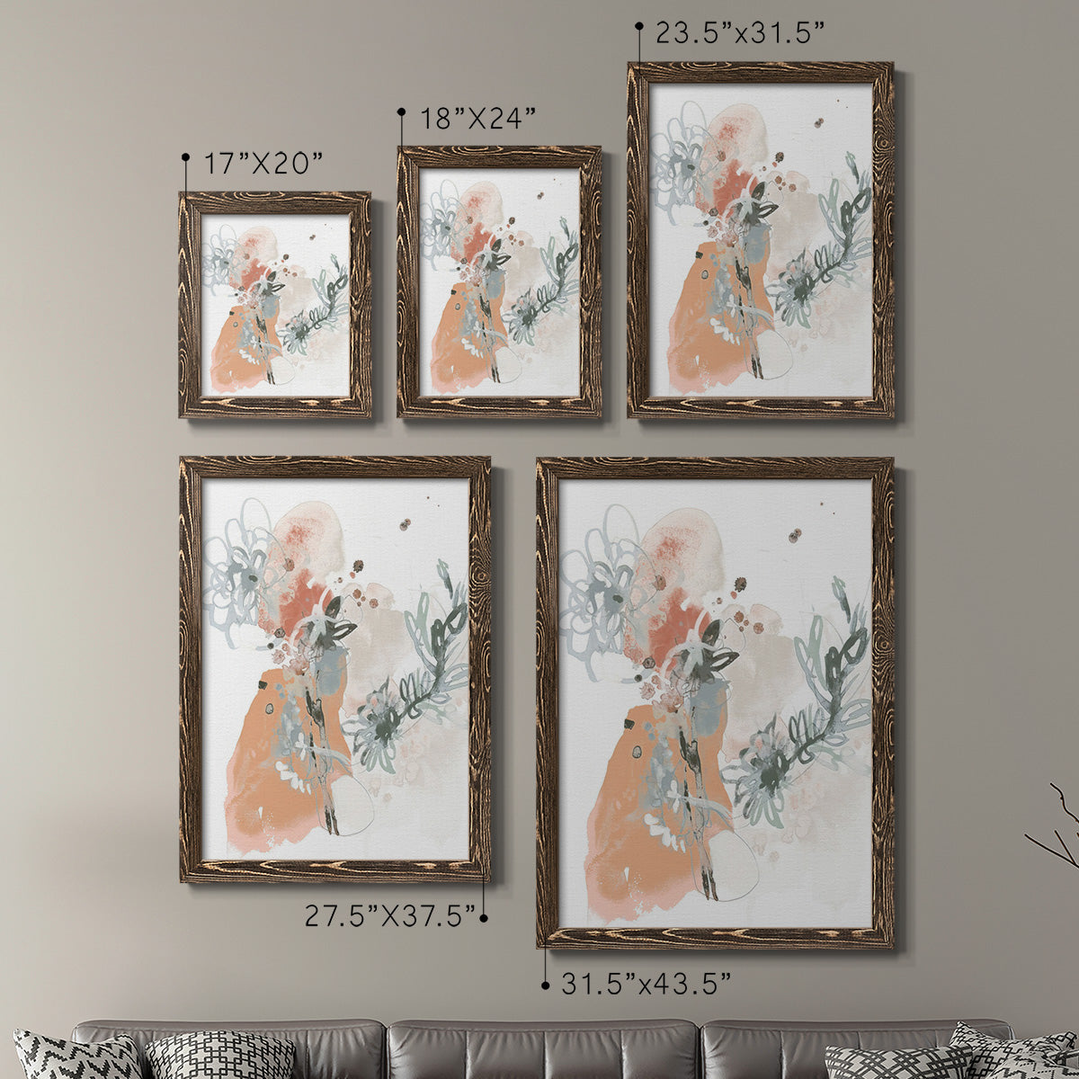 Size comparison chart for a set of two walnut barnwood framed canvas prints.
