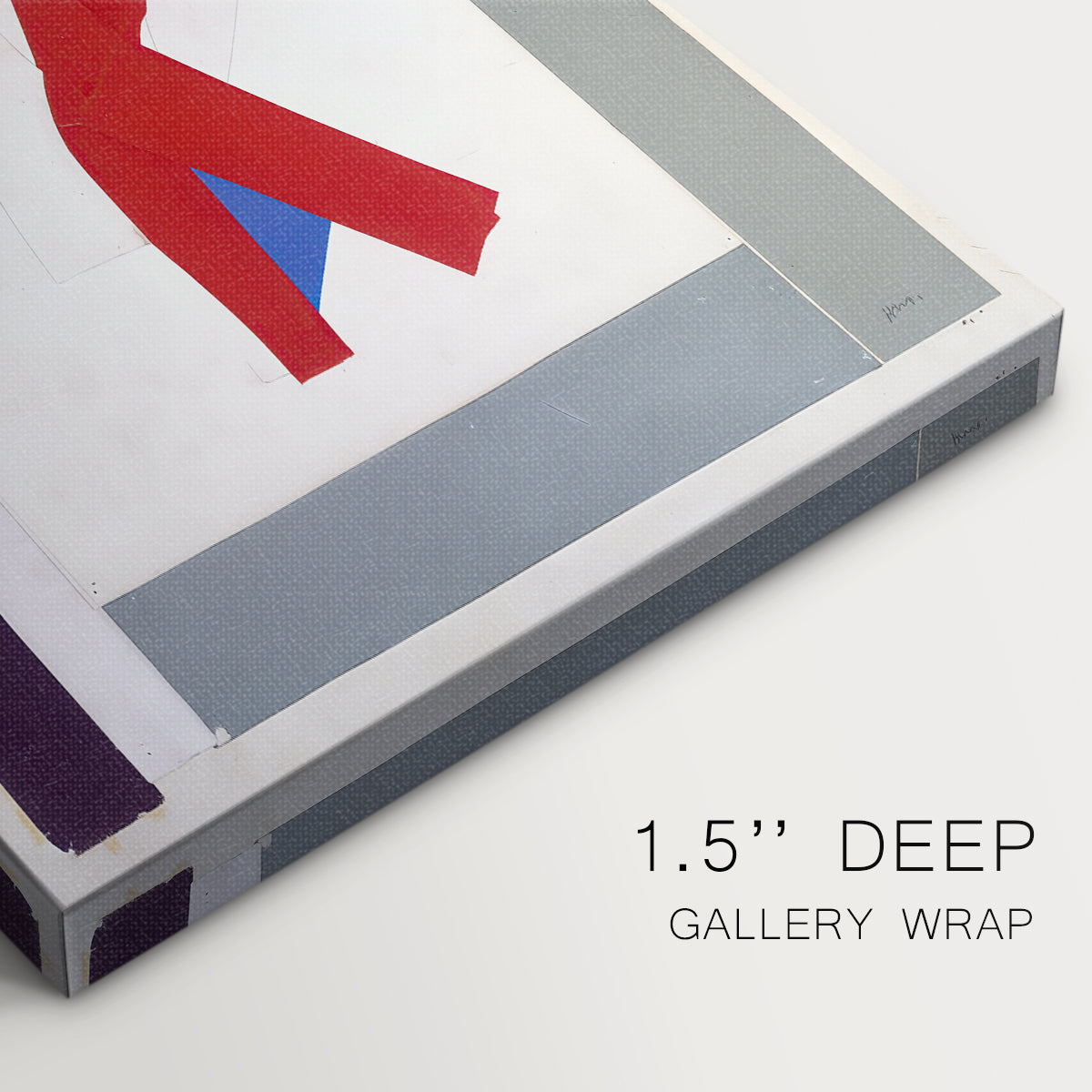 Close-up of a gallery-wrapped canvas corner showing a dynamic figure with strong contrast and minimal detail, highlighting texture and print detail.