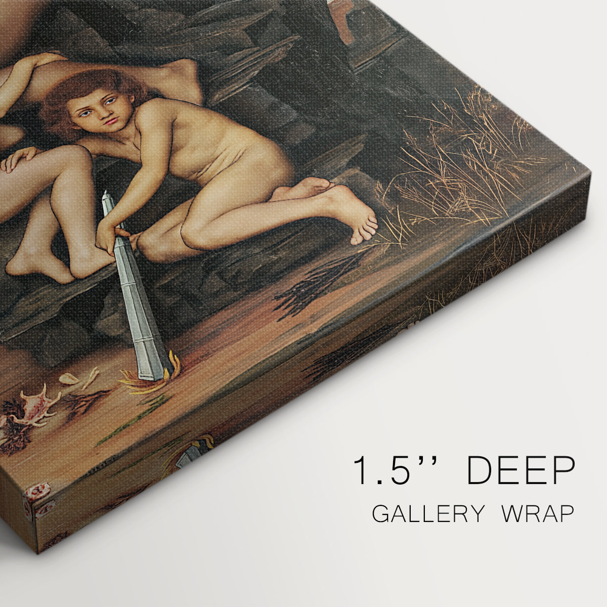 Close-up of a gallery-wrapped canvas corner showing a dark allegorical image with gentle, flowing movement, highlighting texture and print detail.
