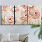 Three-panel canvas wall art featuring spring floral blossoms in bloom, displayed in a living room above a sofa.