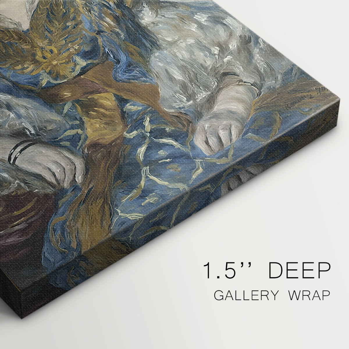 Close-up of a gallery-wrapped canvas corner showing a vibrant portrait with patterned garments and relaxed pose, highlighting texture and print detail.