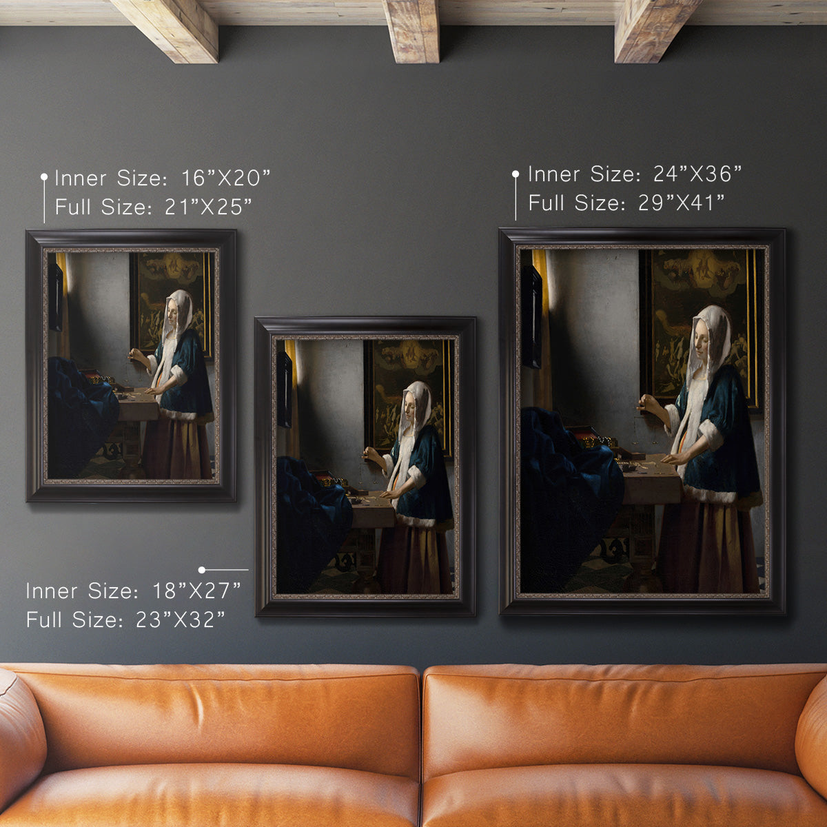 Quiet interior genre scene of a woman with scales by Johannes Vermeer in an ornate black frame with gilded inner detail shown in multiple vertical size options.