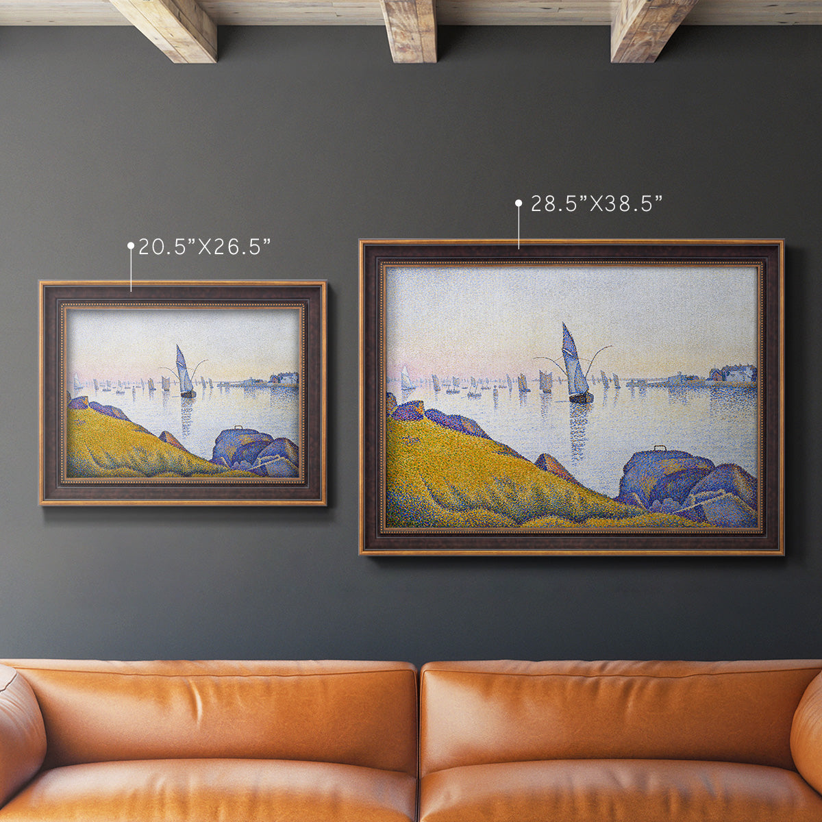 Impressionist coastal harbor at dusk by Paul Signac in an ornate bronzed mahogany wood frame shown in multiple size options.